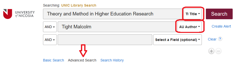 Advanced Search option in UNIC Library Search